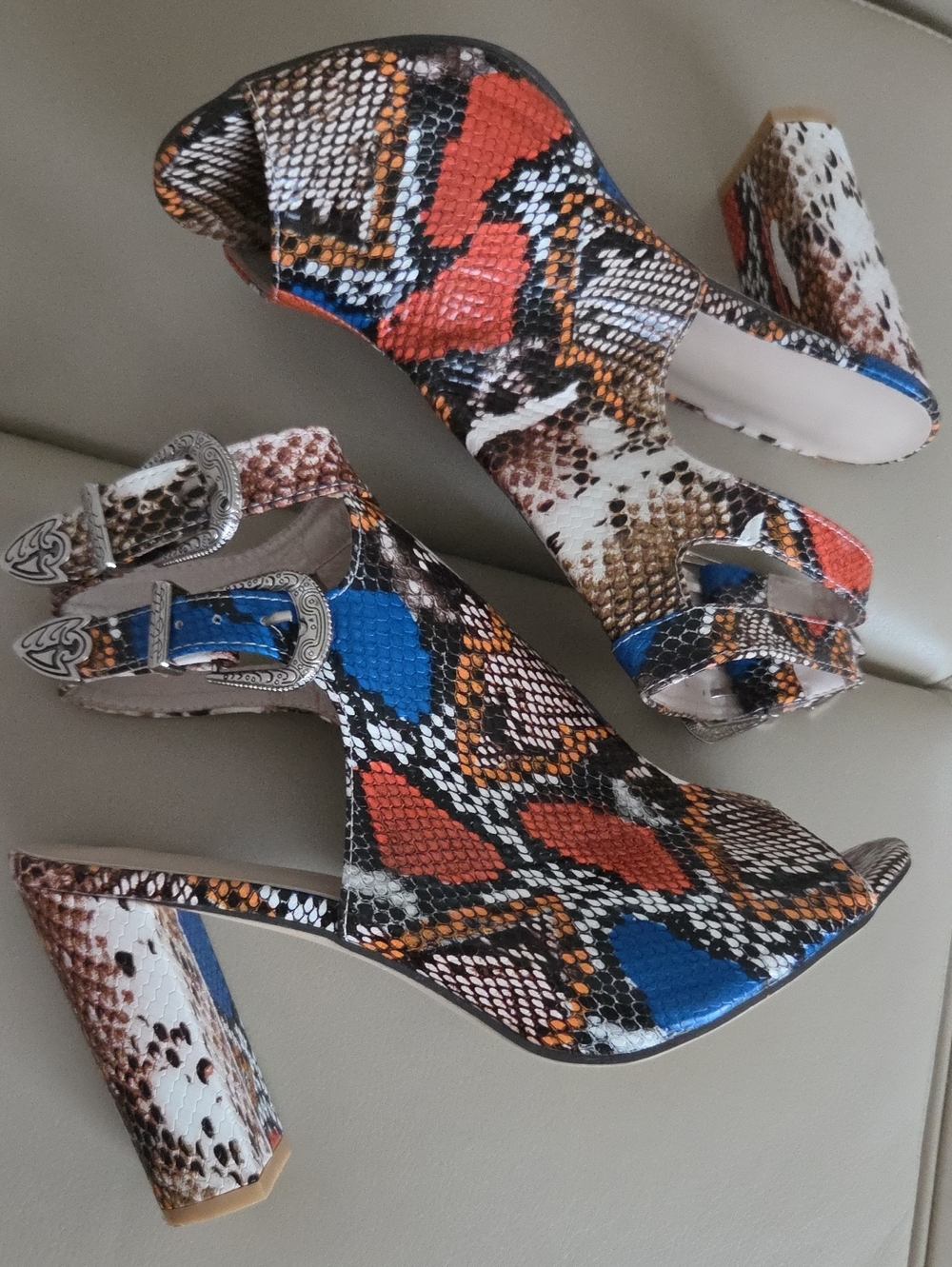 Women’s Snake-Print Block Heel Mules in Multicolor Size EU 43